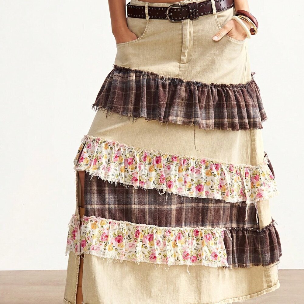 Khaki Boho Women's Country Vacation Casual Woven Patchwork Plaid Split Hem Skirt - Picture 5 of 7